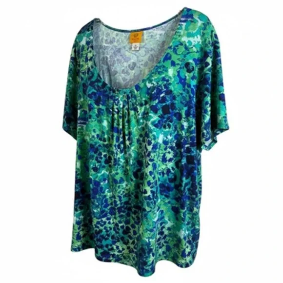 Ruby Rd. Shirt Womens 3X Green Blue Scoop Neck Pleated Short Sleeve Plus Size - Picture 1 of 6